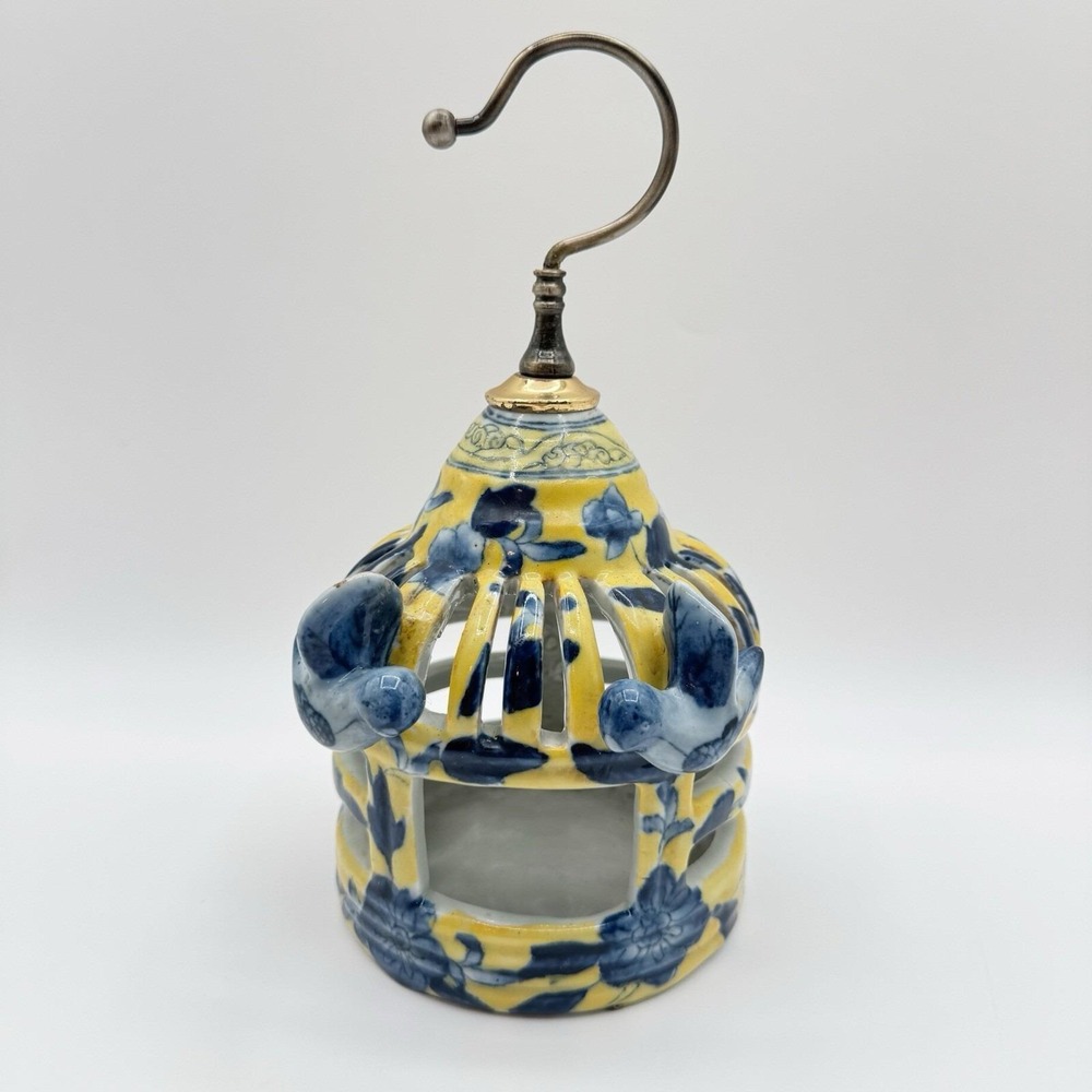 Vtg Chinese Bird Cage House Porcelain Chinoiserie Floral Yellow Cobalt Blue